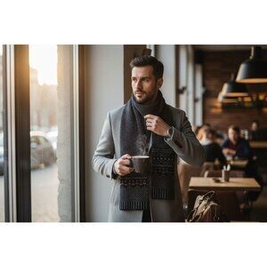 Mens Black & Gray Knit Wool Scarf With Chevron & Geometric Patterns 63"x8.5" EUC